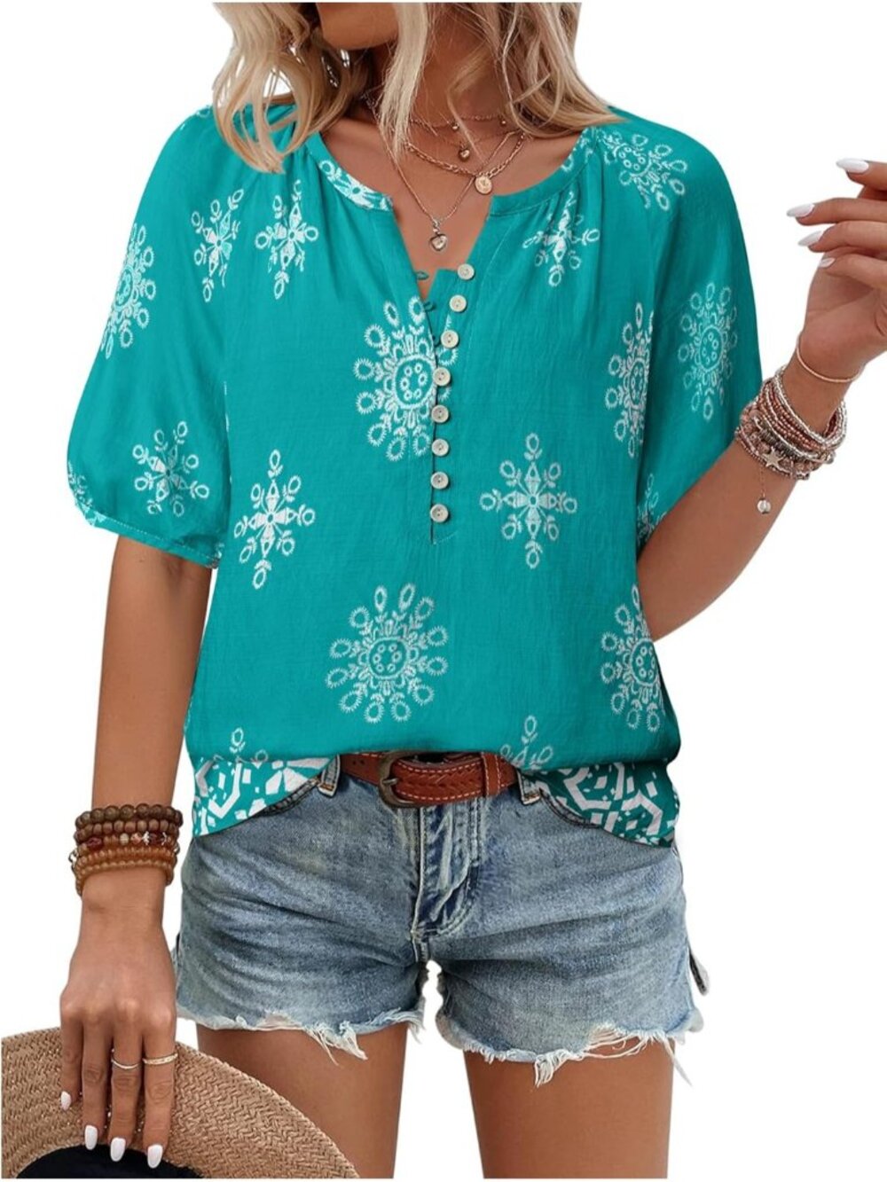 Women's Light Blue Summer Tops V Neck Short Sleeve Blouses Casual Button Down